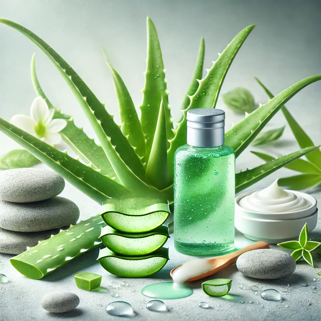 skincare. Display a hydrating aloe vera gel or cream in an elegant, clear jar surrounded by fresh, lush aloe vera leaves with visible gel droplets for a dewy effect. Add subtle water reflections and a cool, green-toned background to emphasize hydration and natural purity. Incorporate soothing, soft lighting that highlights the smooth, calming texture, evoking aloe’s gentle and healing properties. The overall atmosphere should feel refreshing, natural, and deeply nourishing, perfect for skincare enthusiasts seeking comfort and care