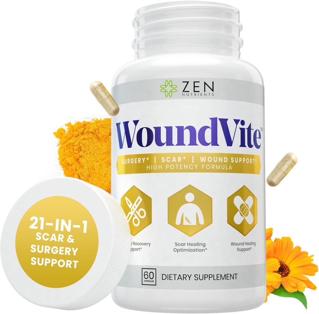 Zen Nutrients WoundVite Pre & Post Surgery Support, Scar & Wound Care, Scar Treatment, Plastic & General Surgery, Heal Faster & Aids in Recovery Time w/ Bromelain, Turmeric & Arnica - 60 Vegan Caps